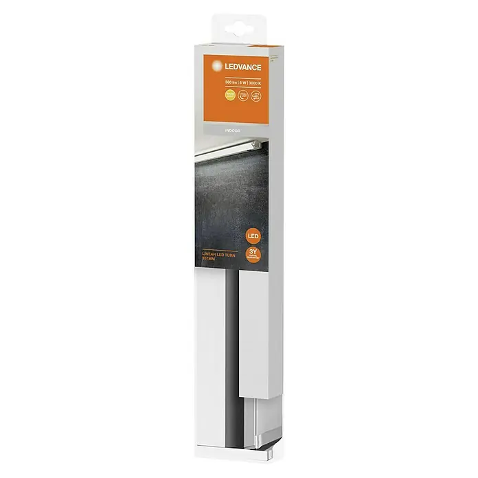 Ledvance LED-Unterbauleuchte Turn6 W, Warmweiß, Länge: 35,7 cm - Nahaufnahme der Verpackung einer LEDVANCE Linear LED Turn Leuchte, 380 lm, 6 W, 3000 K und 3 Jahre Garantie.