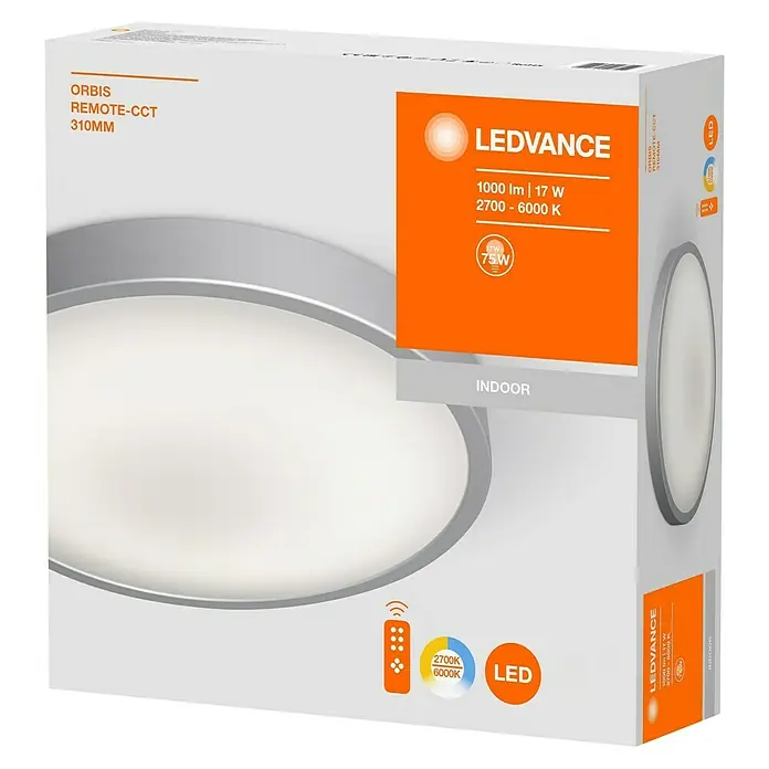Ledvance LED-Deckenleuchte rund Silara - 16 W, Ø x H: 300 x 85 mm, Silber, Weiß, Neutralweiß - Verpackung der LEDVANCE ORBIS REMOTE-CCT 310MM Leuchte, mit Angaben zu Lichtstärke, Leistung und Farbtemperatur.