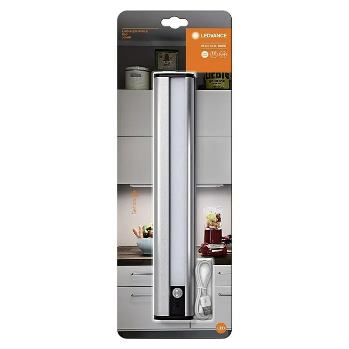 Ledvance LED-Unterbauleuchte - 1,4 W, Kaltweiß, Länge: 300 mm, Betriebsart: Batteriebetrieben - Verpackung einer LEDVANCE LINEARLED MOBILE USB-Leuchte (300mm) mit Bewegungssensor, ideal für Schränke, 98 Lumen, 1,5W, 4000K.