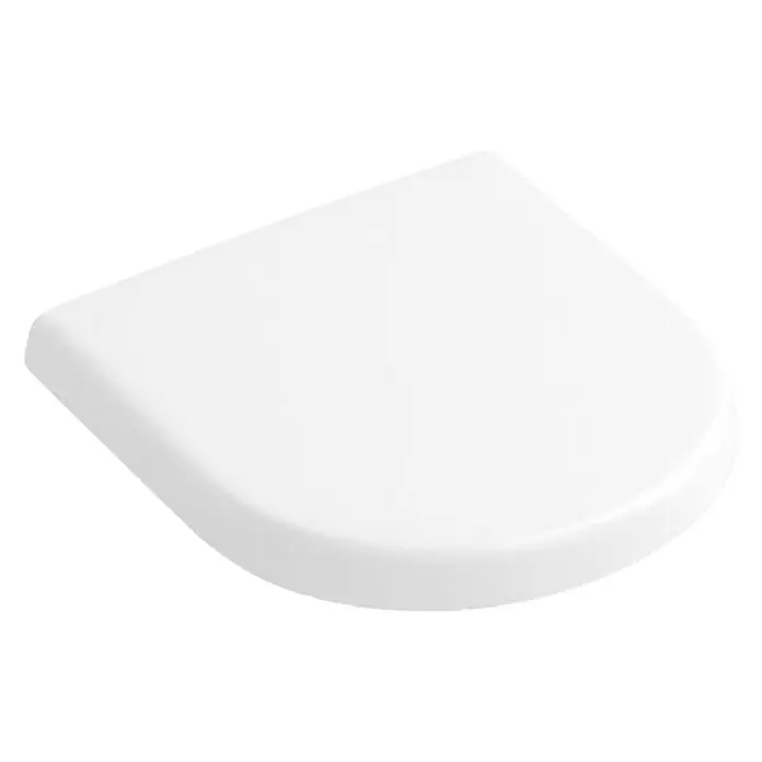 Villeroy & Boch Subway WC-Sitz Compact - Duroplast, Weiß, Ohne Absenkautomatik - Nahaufnahme eines weißen Duschsitzes mit abgerundeten Kanten auf schwarzem Hintergrund, der Komfort und Funktionalität bietet.