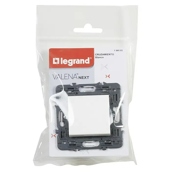Legrand Valena Next Cruzamiento - Blanco, Instalar, Plástico, 10 A - Un interruptor de luz Legrand Valena Next en blanco, empaquetado en una bolsa de plástico transparente, ideal para interiores modernos.