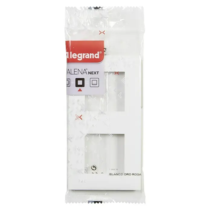 Legrand Valena Next Marco - Blanco/Oro rosa, Modelo de mecanismos: x 2, Plástico, Colocar - Primer plano de un marco doble Legrand Valena Next en blanco/oro/rosa, en su embalaje original, ideal para diseños de interruptores modernos.