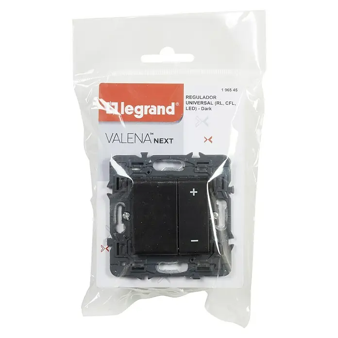 Legrand Valena Next Regulador luminoso Universal - Negro, Plástico, Instalar - Un regulador universal Legrand Valena Next (RL, CFL, LED) en color oscuro, empaquetado en un blíster de plástico transparente con un agujero para colgar.