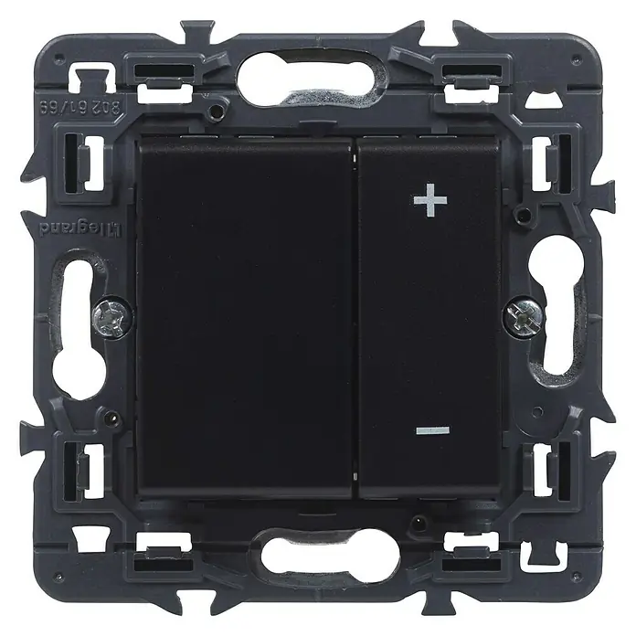 Legrand Valena Next Regulador luminoso Universal - Negro, Plástico, Instalar - Interruptor negro Legrand con símbolos de más y menos, diseñado para un control eléctrico preciso, ideal para instalaciones modernas.