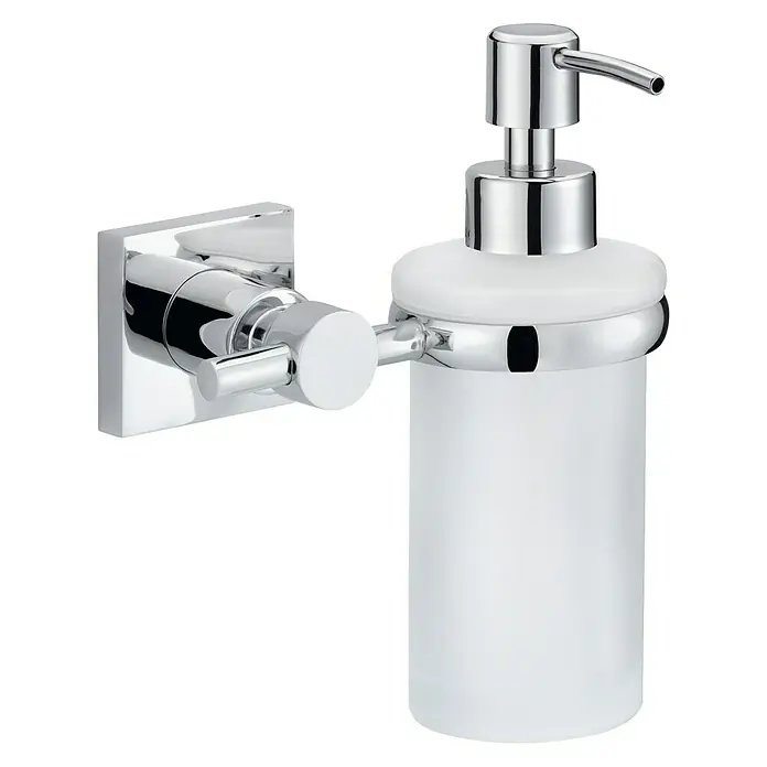 Tesa Hukk Seifenspender - Mit Halterung, Satiniert/Chrom, Verchromt - Wandmontierter Seifenspender mit Chrom-Finish und mattiertem Glasbehälter, ideal für moderne Badezimmer.