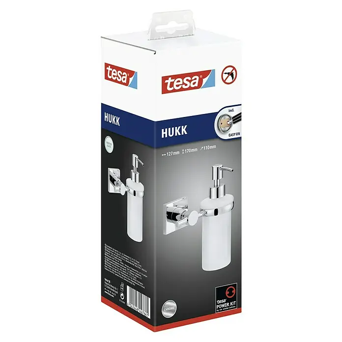Tesa Hukk Seifenspender - Mit Halterung, Satiniert/Chrom, Verchromt - Verpackung des Tesa HUKK Seifenspenders mit Chrom-Elementen und Power Kit für einfache Montage ohne Bohren.