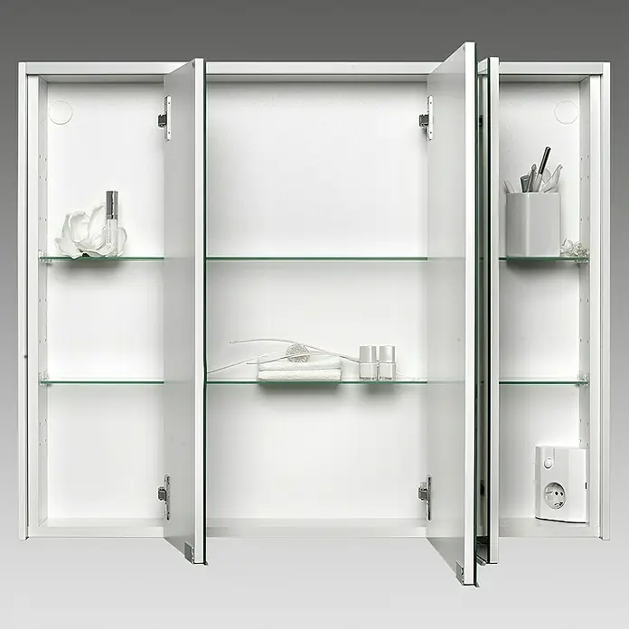 Sieper LED-Spiegelschrank KHX 90 - B x H: 90 x 74 cm, Holz, Anthrazit/Weiß - Offener weißer Spiegelschrank mit Glasböden, der eine elegante Aufbewahrungslösung für Badezimmerutensilien bietet.