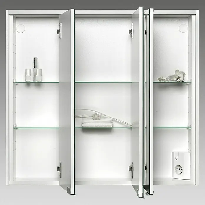 Sieper LED-Spiegelschrank KHX 80 - B x H: 80 x 74 cm, Holz, Weiß - Ein dreitüriger Spiegelschrank mit Glasböden und verschiedenen Badutensilien, ideal für die Aufbewahrung im Badezimmer.