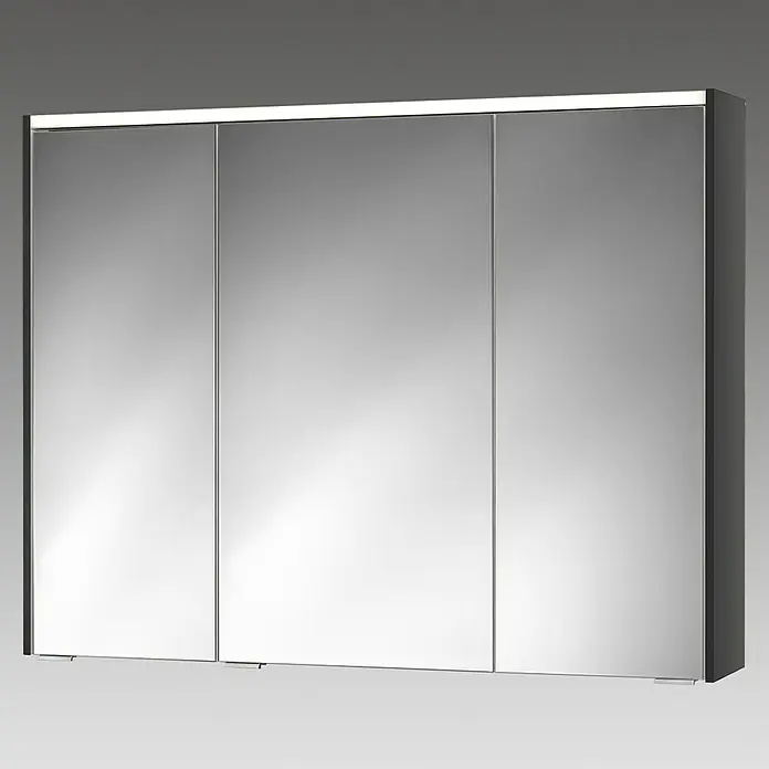 Sieper LED-Spiegelschrank KHX 100 - B x H: 100 x 74 cm, Holz, Anthrazit/Weiß - Abbildung eines dreitürigen Spiegelschranks mit Beleuchtung, ideal für Badezimmer. Praktische Aufbewahrung und stilvolles Design.