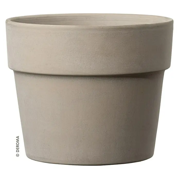 Deroma Pflanztopf Perfetto - Außenmaß (Ø x H): 50 x 38,9 cm, Naturmaterialien, Graphit - Nahaufnahme eines beigen Blumentopfs aus Terrakotta mit gerader Kante, ideal für Zimmerpflanzen und Gartendekoration.