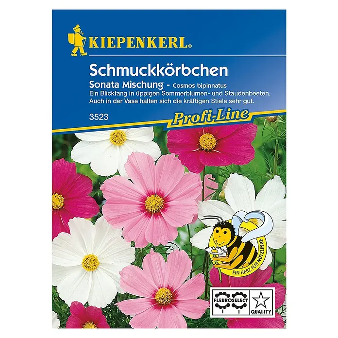 Kiepenkerl Profi-Line Blumensamen Schmuckkörbchen - Cosmos bipinnatus, Sonata, Blütezeit: Juli - Samentüte Schmuckkörbchen 'Sonata Mischung' von Kiepenkerl mit Cosmos bipinnatus in rosa, weiß und pink für üppige Sommerblumenbeete.