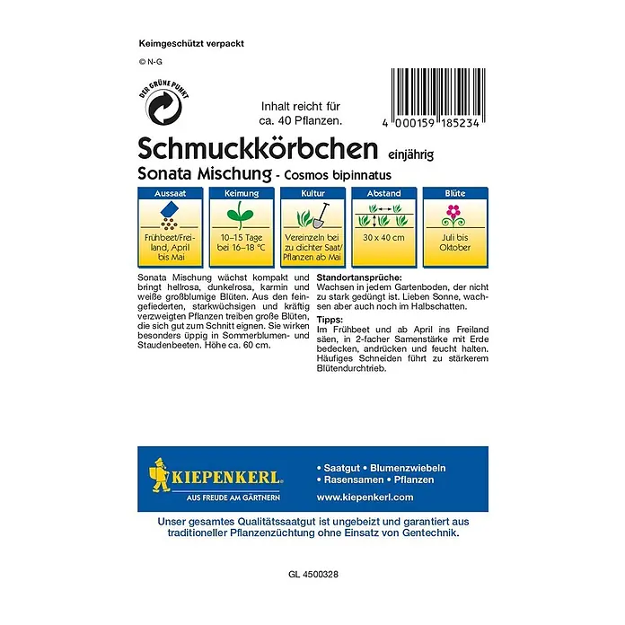 Kiepenkerl Profi-Line Blumensamen Schmuckkörbchen - Cosmos bipinnatus, Sonata, Blütezeit: Juli - Abbildung einer Samentüte Schmuckkörbchen Sonata Mischung - Cosmos bipinnatus, einjährig, der Marke Kiepenkerl.