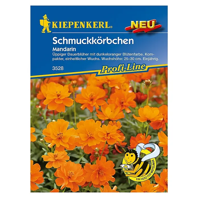 Kiepenkerl Profi-Line Blumensamen Schmuckkörbchen - Cosmos sulphureus, Mandarin, Blütezeit: Juni - Samentüte Schmuckkörbchen 'Mandarin' von Kiepenkerl. Einjährige, reichblühende Zierpflanze mit leuchtend orangefarbenen Blüten für Beet und Kübel.