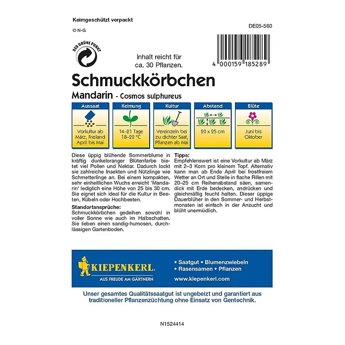 Kiepenkerl Profi-Line Blumensamen Schmuckkörbchen - Cosmos sulphureus, Mandarin, Blütezeit: Juni - Samentüte Schmuckkörbchen Mandarin. Informationen zu Aussaat, Keimung, Kultur, Abstand und Blütezeit der Mandarin-Pflanze.