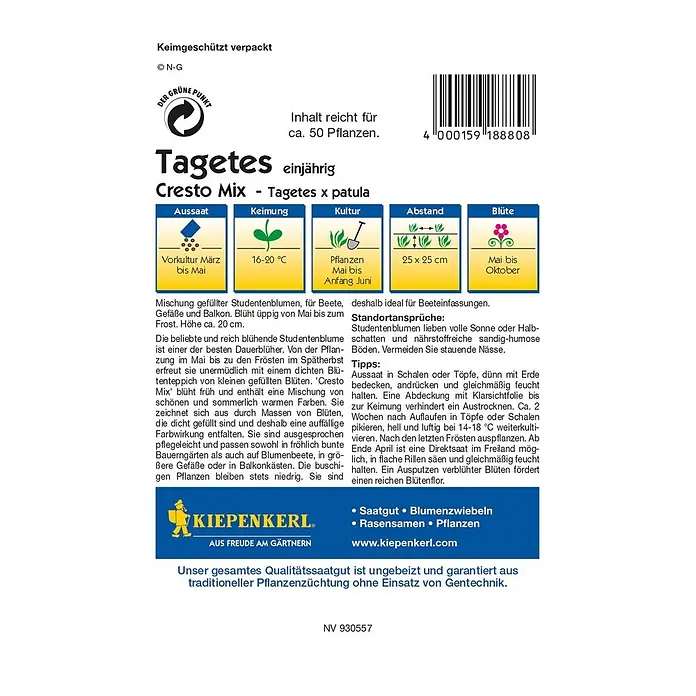 Kiepenkerl Profi-Line Blumensamen Studentenblume - Tagetes patula, Cresto Mix, Blütezeit: Mai - Bild der 'Tagetes Cresto Mix' Samenpackung, die einjährige Studentenblumen für farbenfrohe Beete verspricht.