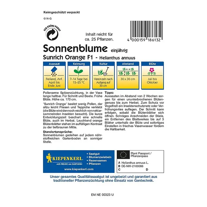 Kiepenkerl Profi-Line Blumensamen Sonnenblume - Helianthus annuus, Sunrich Orange, Blütezeit: Juli - Abbildung der 'Sunrich Orange F1' Sonnenblumen-Samenpackung mit Anbauhinweisen für leuchtend orangefarbene Blüten im Garten.