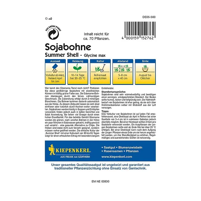 Kiepenkerl Profi-Line Gemüsesamen Sojabohne Summer Shell - Glycine max., Erntezeit: August - Samentüte Sojabohne 'Summer Shell'. Enthält Saatgut für ca. 70 Pflanzen, ideal für den Anbau von Edamame mit hohem Eiweißgehalt.