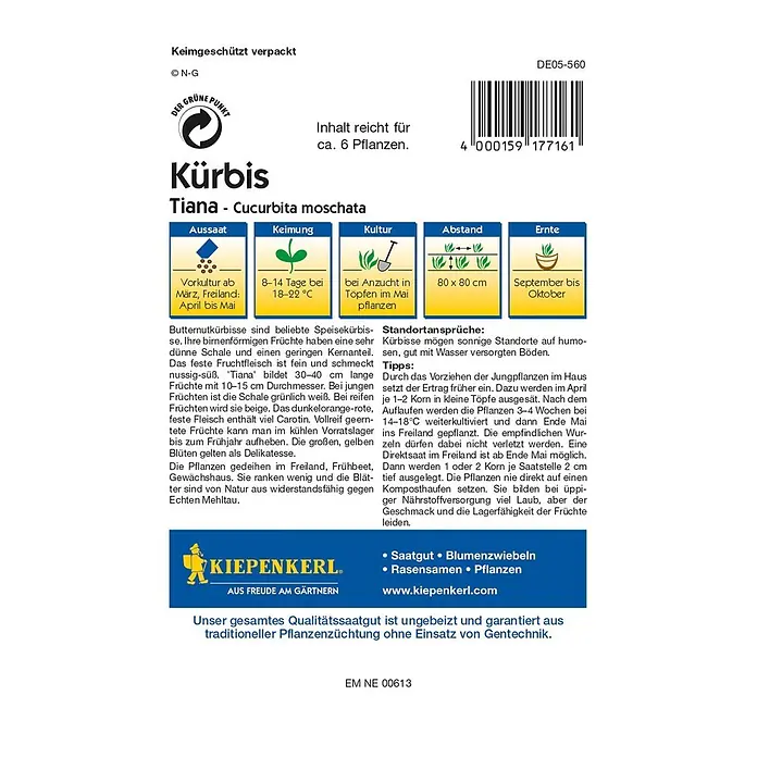 Kiepenkerl Profi-Line Gemüsesamen Kürbis - Tiana, Cucurbita moschata, Erntezeit: September - Samenpackung für Kürbis Tiana, eine Sorte von Cucurbita moschata, die reicht für ca. 6 Pflanzen und im September bis Oktober geerntet wird.