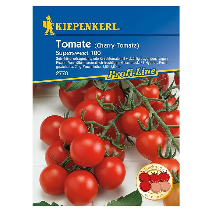 Kiepenkerl Profi-Line Gemüsesamen Tomate - Supersweet 100, Solanum lycopersicum, Erntezeit: Juli - Abbildung der Kiepenkerl Tomate Supersweet 100, eine ertragreiche Cherrytomate mit süßem, aromatisch-fruchtigem Geschmack.