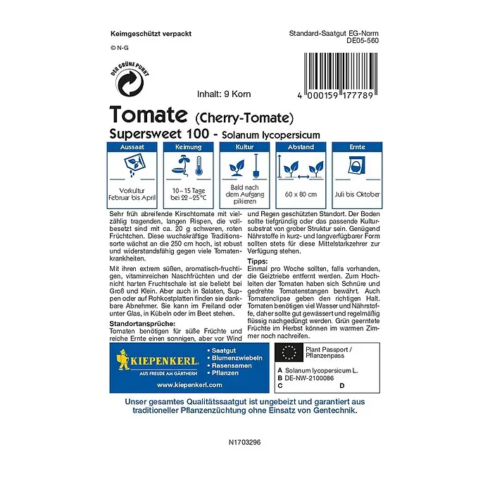Kiepenkerl Profi-Line Gemüsesamen Tomate - Supersweet 100, Solanum lycopersicum, Erntezeit: Juli - Abbildung der Verpackung von "Supersweet 100" Cherry-Tomatensamen, einer resistenten und ertragreichen Sorte.