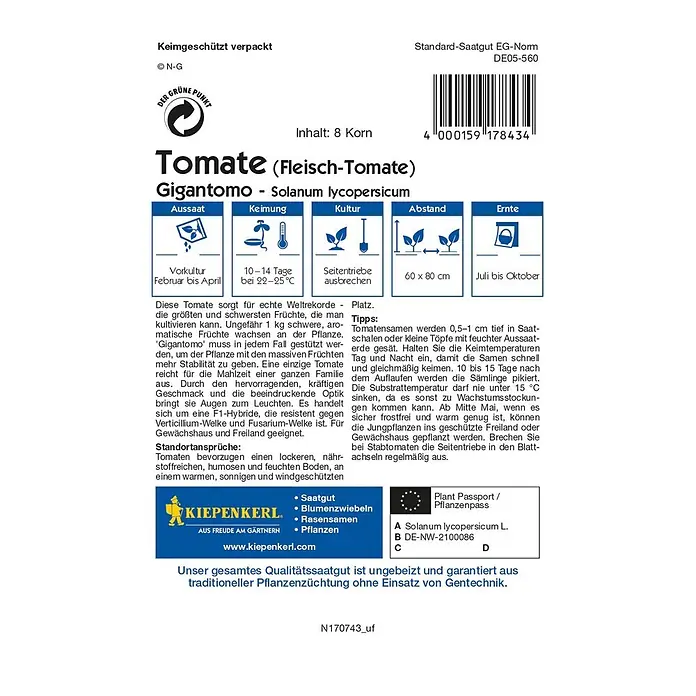 Kiepenkerl Profi-Line Gemüsesamen Tomate - Gigantomo, Solanum lycopersicum, Erntezeit: Juli - Samentüte für Gigantomo-Tomaten (Fleisch-Tomate), Solanum lycopersicum, mit Informationen zu Aussaat, Keimung, Kultur, Abstand und Ernte.