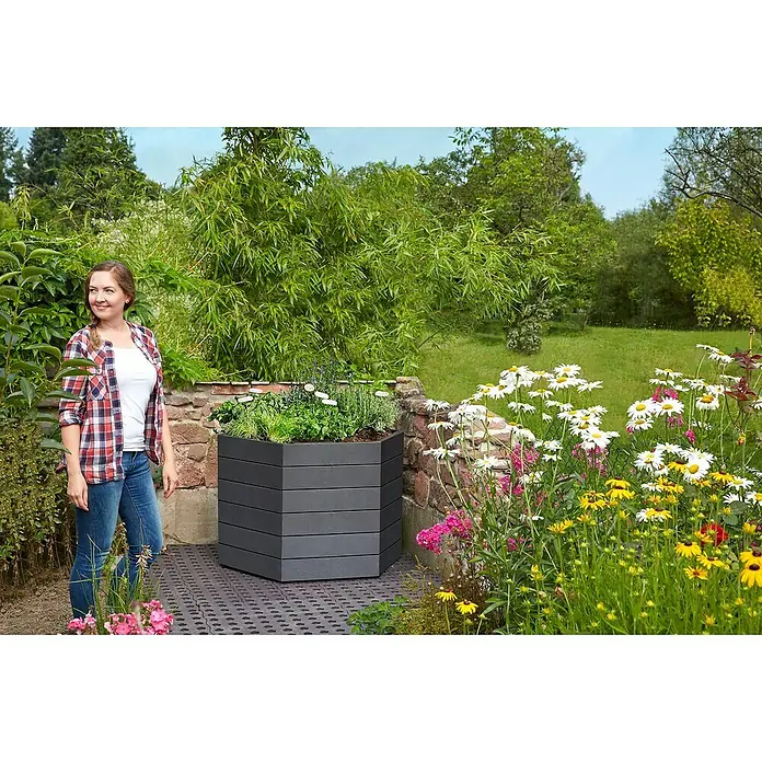 Garantia Hochbeet Ergo Stone - Ø x H: 110 x 25 cm, Kunststoff, Anthrazit - Hexagon Pflanzkübel mit Kräutern und Blumen in einem grünen Garten.