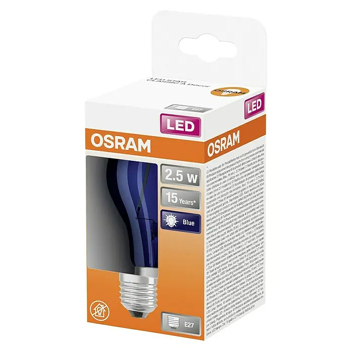 Osram Star LED-Lampe Glühlampenform E27 matt - E27, Nicht Dimmbar, Blau, 10 lm, 2,5 W, Farbe: Blau - Produktverpackung einer blauen OSRAM LED-Lampe mit E27-Sockel, 2.5W Leistung und 15 Jahren Lebensdauer.