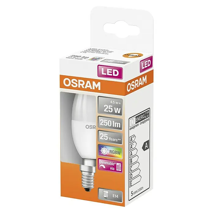 Osram Star LED-Lampe CLB25 - E14, Dimmbar, RGBW, 250 lm, 4,5 W - Produktbild einer Osram LED-Lampe E14, 4,5W, RGBW, dimmbar und mit einer Lebensdauer von 25 Jahren. Energieeffizienzklasse A.