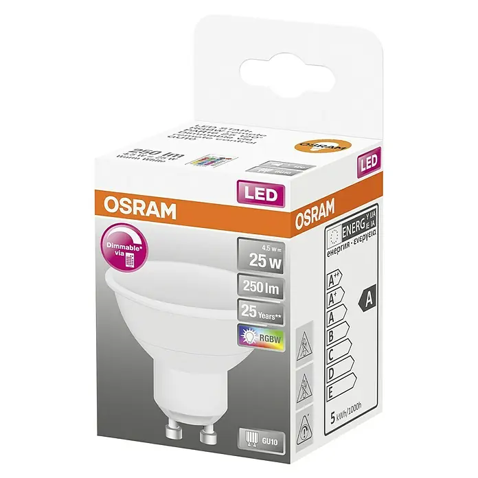 Osram Bombilla LED - GU10, Intensidad regulable, RGBW, 250 lm, 4,5 W - Embalaje de una bombilla LED Osram con base GU10, regulable y con función RGBW para luz de colores. Clase de eficiencia energética A.