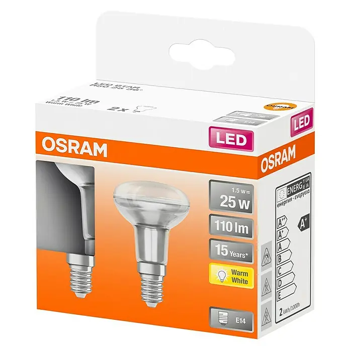 Osram Star LED-Lampen Set - E14, Nicht Dimmbar, Warmweiß, 110 lm, 1,5 W, 2 Stk. - Nahaufnahme der Osram LED Star Leuchtmittelverpackung mit Infos zu Energieeffizienz und Leistung.