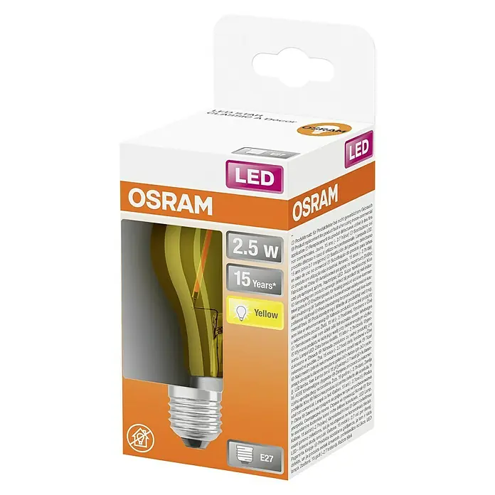 Osram Star LED-Lampe Glühlampenform E27 matt - E27, Nicht Dimmbar, Gelb, 235 lm, 2,5 W, Farbe: Gelb - Produktverpackung einer gelben OSRAM LED Lampe mit E27 Sockel, 2.5W Leistung und 15 Jahren Lebensdauer.