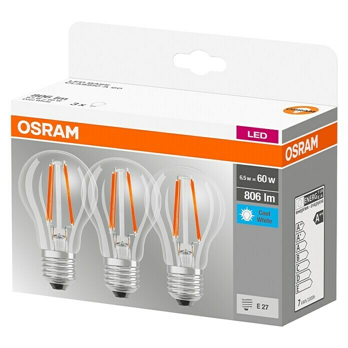 Osram Star Bombilla LED CLA60 (6,5 W, E27, Blanco neutro, No regulable, 3 uds.)