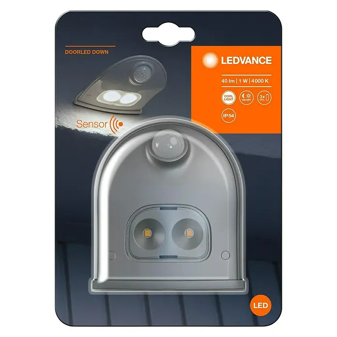 Ledvance Luz para puerta LED Down - Plateado, Funciona con pilas, 102,5 x 92,4 x 36,5 mm - Luz LEDVANCE DoorLED Down con sensor de movimiento en plata, ideal para exteriores. 40 lúmenes, 1 vatio y 4000 Kelvin.