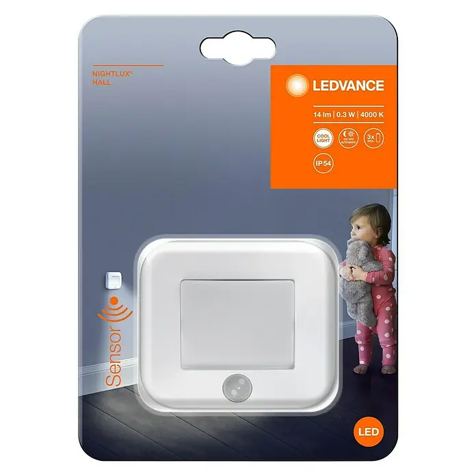 Osram Nightlux Luz de noche LED - Blanco, L x An x Al: 8,4 x 7,3 x 2,2 cm - La luz LEDVANCE NIGHTLUX Hall con sensor ofrece luz fría automática (4000K) con bajo consumo y protección IP54.
