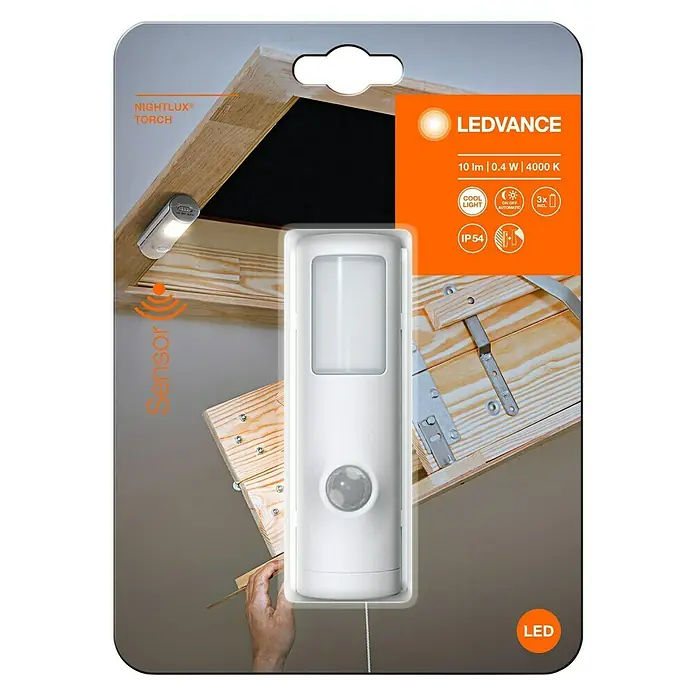 Osram Nightlux Mobiles LED-Licht Torch - Weiß, 36 x 42 x 108 mm - Verpackung einer LEDVANCE Nightlux Torch, einer LED-Leuchte mit Bewegungssensor, ideal für dunkle Bereiche.