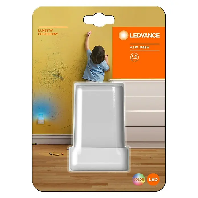 Ledvance LED-Nachtlicht Lunetta Shine - 0,28 W, Weiß, L x B x H: 6 x 6 x 9 cm, RGBW - Produktverpackung für LEDVANCE Lunetta Shine RGBW Nachtlicht. Energiesparende LED-Technologie mit Farbwechselfunktion für Kinderzimmer.