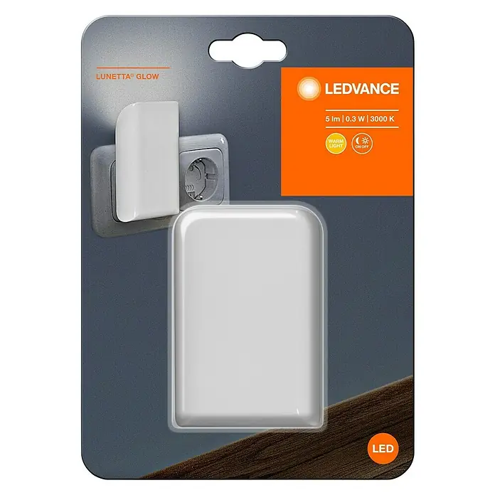 Ledvance LED-Nachtlicht Lunetta Glow - 0,28 W, Weiß, L x B x H: 6 x 6 x 9 cm - LEDVANCE Lunetta Glow Nachtlicht in der Verpackung. Das Licht hat 5lm, 0.3W und 3000K, warmes Licht und einen Ein/Aus-Schalter.