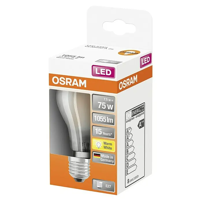 Osram Retrofit Bombilla LED Classic - E27, No regulable, Blanco cálido, 1.055 lm, 8 W - Imagen del producto: Lámpara LED Osram con base E27, 7,5 W, 1055 lúmenes, blanco cálido, 15 años de vida útil, fabricada en Alemania.