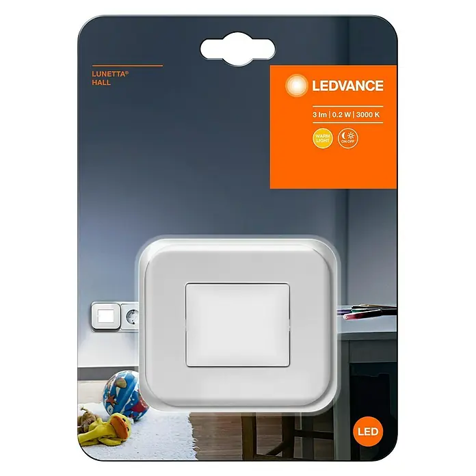 Ledvance Luz de noche LED con interruptor Lunetta - 0,2 W, Blanco, L x An x Al: 6,5 x 8,4 x 7,3 cm - Primer plano de la luz LED LEDVANCE Lunetta Hall en un embalaje de venta al por menor, destacando su diseño y características.
