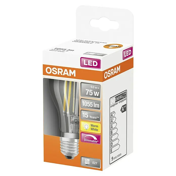 Osram Superstar LED-Lampe Glühlampenform E27 - E27, Dimmbar, Warmweiß, 1.055 lm, 7,8 W - Eine OSRAM LED Superstar Classic A 75 Dimmbare Glühbirne, die warmweißes Licht spendet und Energieeffizienzklasse A++ besitzt.