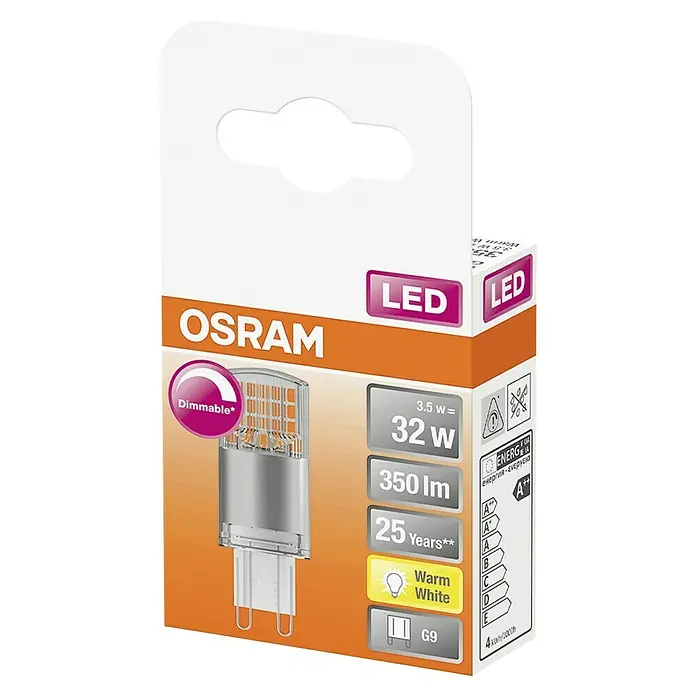 Osram Superstar LED-Lampe Pin G9 - G9, Dimmbar, Warmweiß, 320 lm, 3 W - Produktbild einer Osram LED-Lampe mit 3,5W, die 32W entspricht, 350 Lumen, warmweiß, G9-Sockel, dimmbar und bis zu 25 Jahre Lebensdauer.