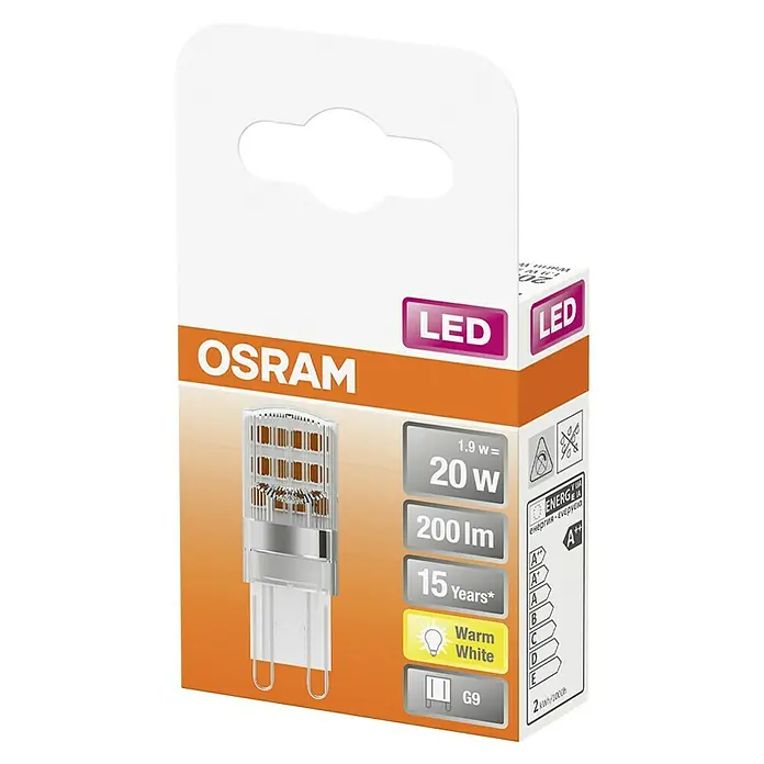 Osram Star LED-Lampe Pin G9 - G9, Nicht Dimmbar, Warmweiß, 200 lm, 1,9 W - Nahaufnahme der Osram LED-Lampe-Verpackung, die 1,9 W bis 20 W, 200 lm und 15 Jahre Lebensdauer bietet. Warmweißes Licht mit G9-Sockel.