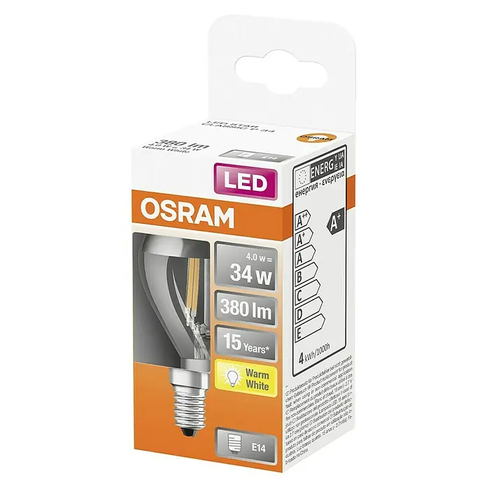 Osram Retrofit Bombilla LED - E14, No regulable, Blanco cálido, 380 lm, 4 W - Embalaje de una bombilla Osram LED Star Classic P34, 4W, casquillo E14, luz blanca cálida y clase de eficiencia energética A+.