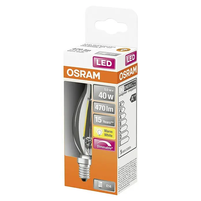 Osram Superstar Bombilla LED Classic BA 40 - E14, Intensidad regulable, Blanco cálido, 470 lm, 5 W - Paquete de una bombilla OSRAM LED Superstar Classic E14 40, produce 470 lúmenes con una vida útil de 15 años.