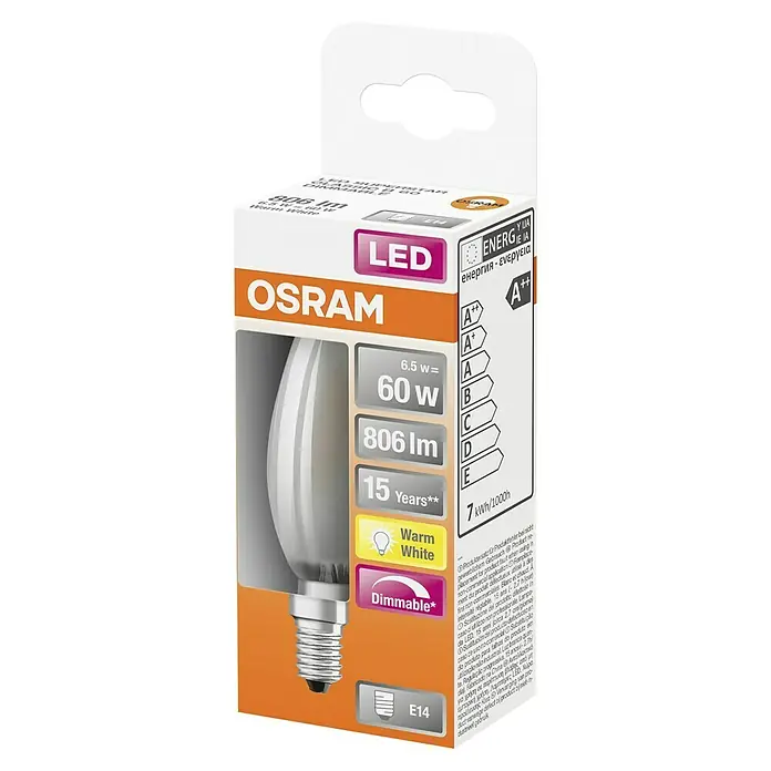 Osram Retrofit Bombilla LED Classic B 60 - E14, Intensidad regulable, Blanco cálido, 806 lm, 6,5 W - Imagen de una lámpara OSRAM LED Superstar Classic B 60, regulable, con base E14, que emite luz blanca cálida a 806 lúmenes.