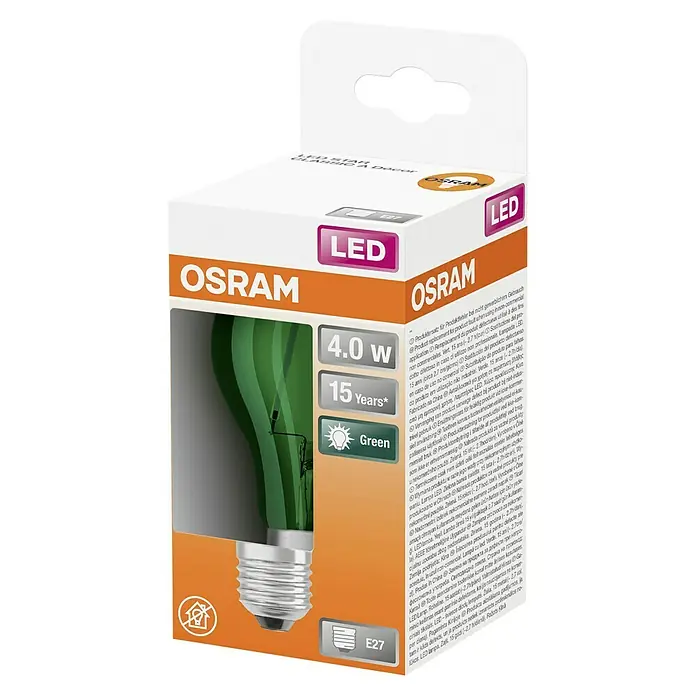Osram Star LED-Lampe Glühlampenform E27 matt - E27, Nicht Dimmbar, Grün, 45 lm, 2,5 W, Farbe: Grün - Osram LED-Lampe mit E27-Sockel, 4.0 W, grüne Lichtfarbe und langer Lebensdauer. Ideal für dekorative Beleuchtung.