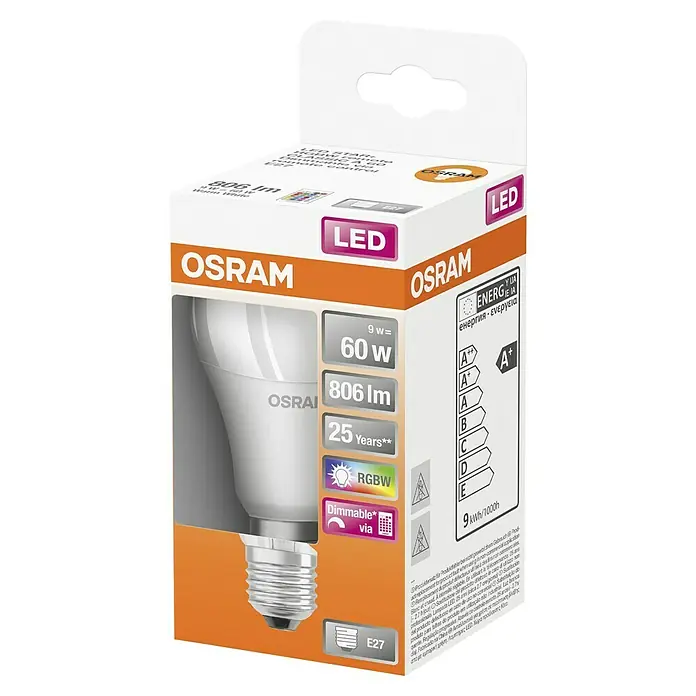 Osram Retrofit Bombilla LED Classic A 60 RGBW - E27, Intensidad regulable, RGBW, 806 lm, 9 W - Paquete de una bombilla LED Osram. La bombilla RGBW es regulable y tiene una vida útil de 25 años. Tiene una base E27.