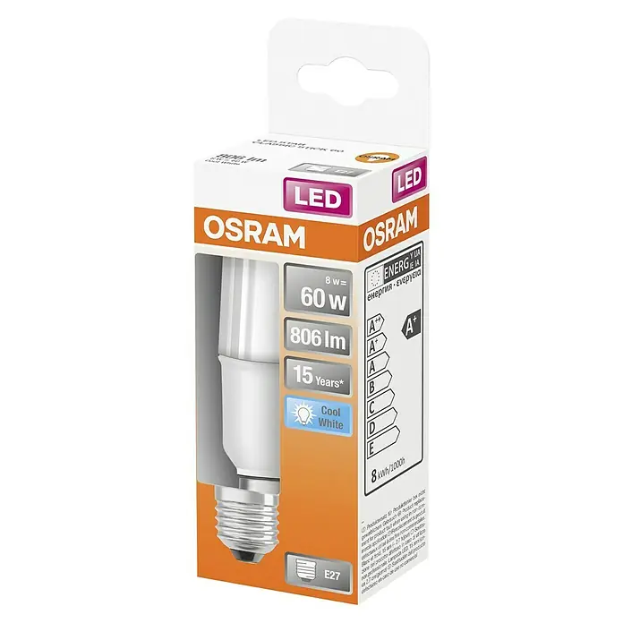 Osram Star LED-Lampe Vintage Glühlampenform E27 - E27, Nicht Dimmbar, Kaltweiß, 806 lm, 8 W - Bild einer Osram LED-Lampe mit 8W, die 60W entspricht. Sie leuchtet mit 806 Lumen und hat eine Lebensdauer von 15 Jahren.