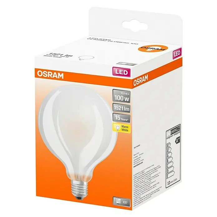 Osram Retrofit Bombilla LED Classic Globe 100 - E27, No regulable, Blanco cálido, 1.521 lm, 11,5 W - Primer plano de una bombilla LED OSRAM, con 12 W, equivalente a 100 W, 1521 lúmenes, luz blanca cálida y una vida útil de 15 años.