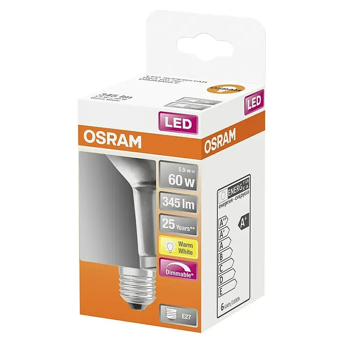 Osram Star LED-Lampe Reflektor GU10 - E27, Dimmbar, Warmweiß, 345 lm, 5,9 W - Das Produkt ist eine LED-Lampe von Osram mit 60W, 345 Lumen und E27 Sockel, die dimmbar ist und 25 Jahre hält.